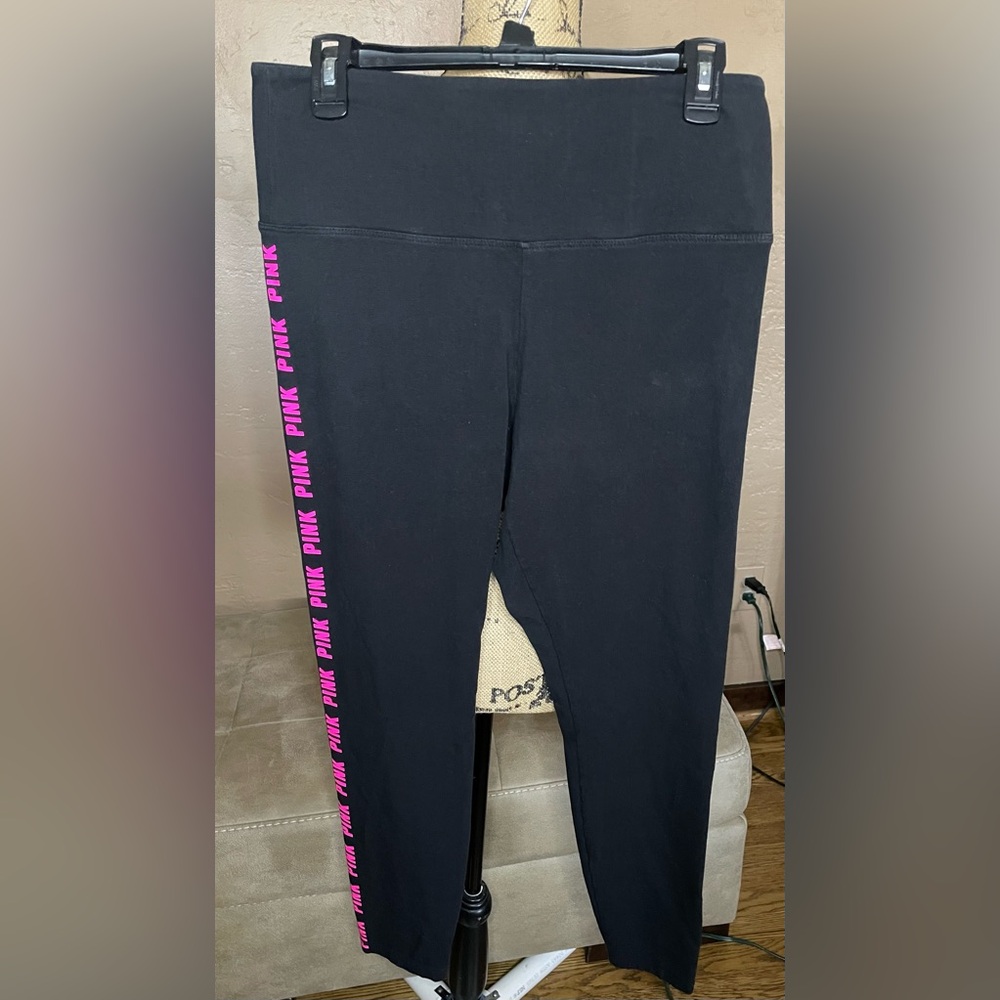 PINK Victoria's Activewear Secret Black Leggings with Pink Logo down legs XL